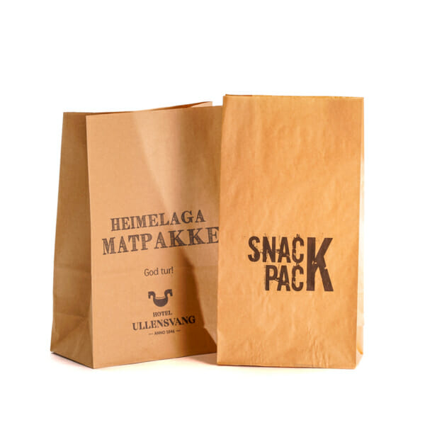 Småpose i papir med trykk med firkantet bunn og sidefall | Take Away | SKG - Spesialister innen profilert emballasje